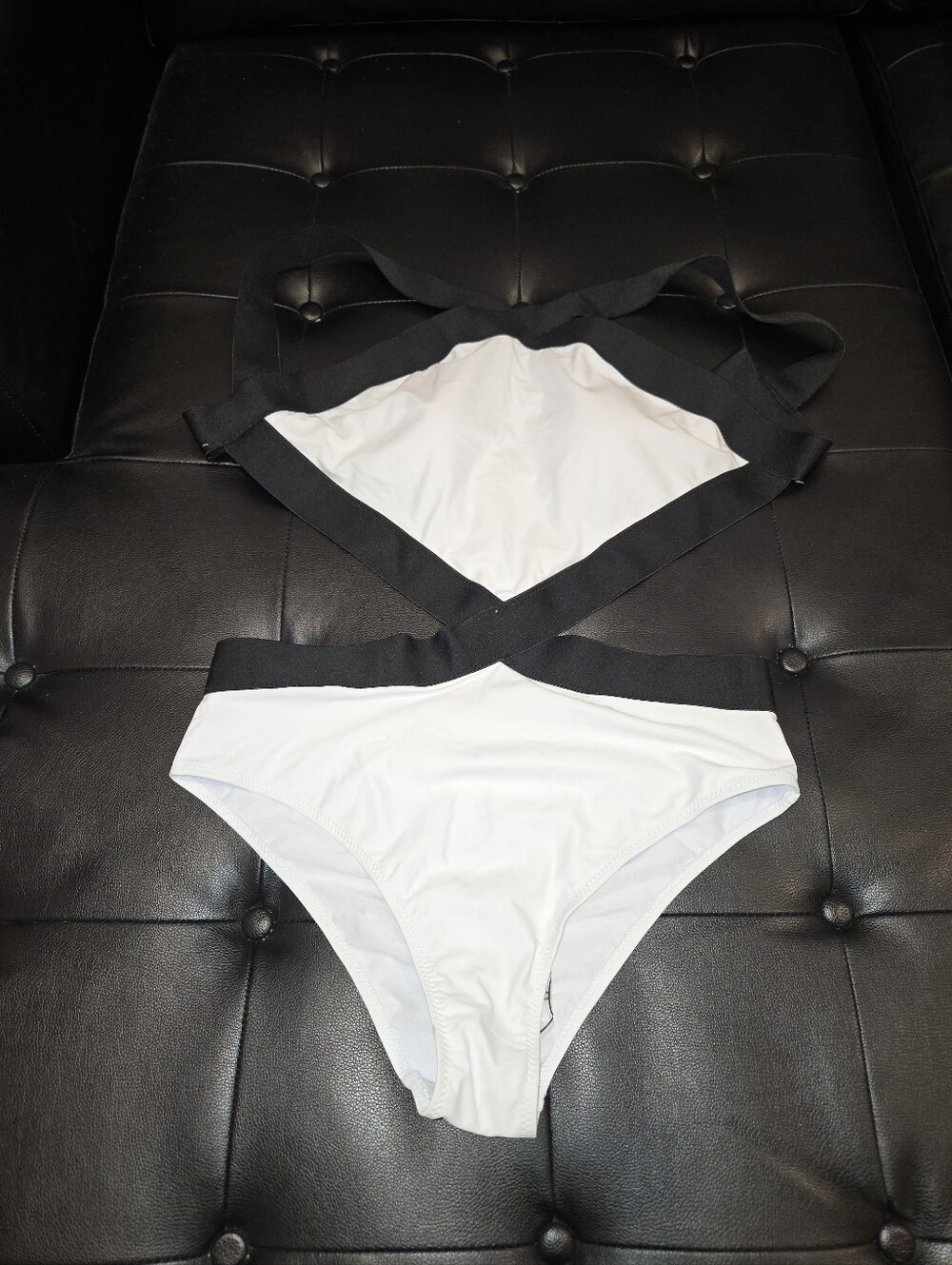 White and Black Strappy One Piece Bikini